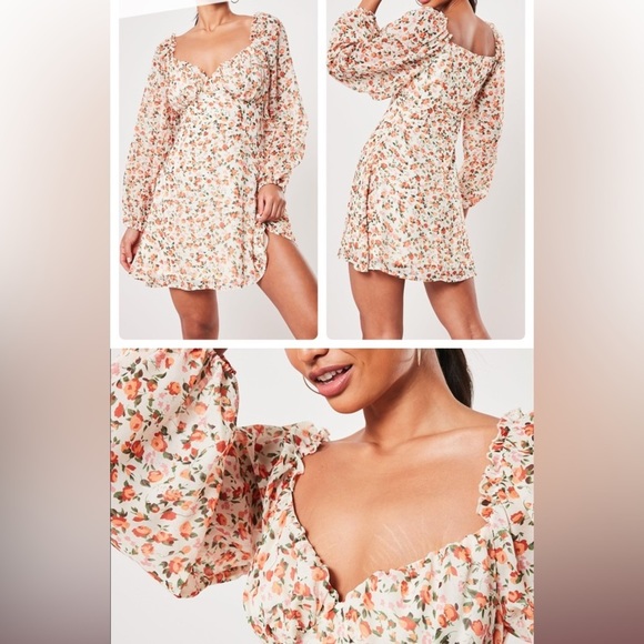 Missguided Dresses & Skirts - Missguided MilkMaid Long Sleeve Mini Dress in Peach / Cream Floral
